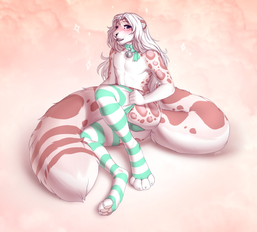 absurd_res accelo_(character) anthro bell bell_collar blush bulge clothed clothing collar crossdressing embarrassed felid fur hair hi_res legwear long_hair male mammal pantherine panties pink_body pink_fur smileeeeeee snow_leopard solo stockings underwear white_hair