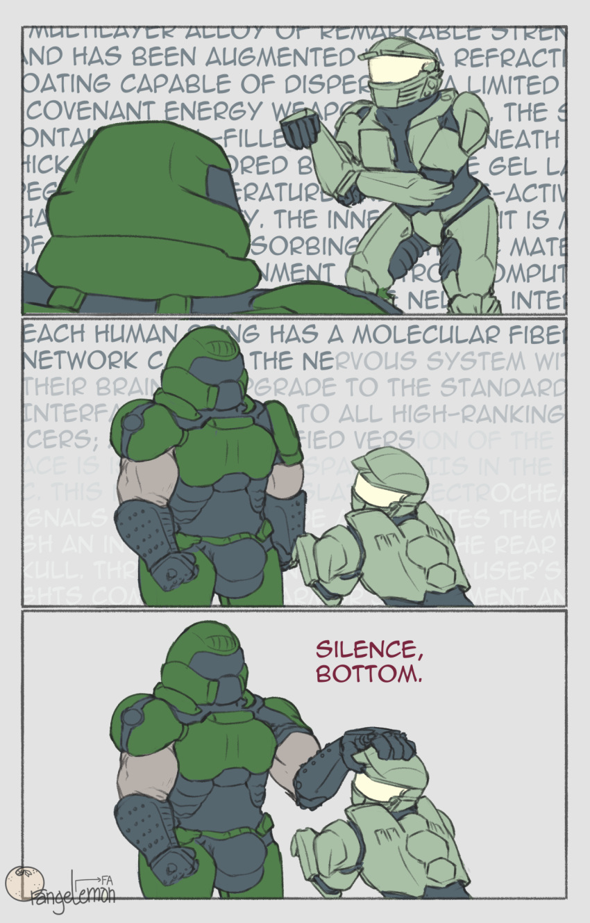armor big_dom_small_sub bulge comic dialogue doom_(series) doom_guy duo halo_(series) hi_res human human_only id_software mammal master_chief microsoft moblie not_furry size_difference video_games xbox_game_studios