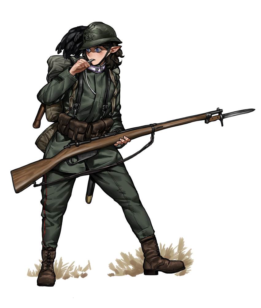 1girl absurdres backpack bag bayonet green_headwear gun helmet highres long_pants long_sleeves original pants pointy_ears remora25 rifle weapon whistle