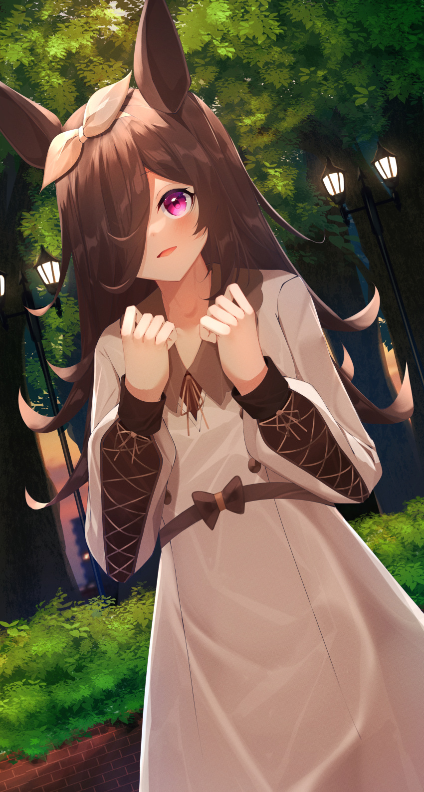 1girl absurdres animal_ears bangs blush brown_dress brown_hair brown_ribbon collared_dress commentary_request dress dutch_angle eyebrows_visible_through_hair hair_over_one_eye hair_ribbon hands_up highres horse_ears lamppost long_hair long_sleeves looking_at_viewer neck_ribbon outdoors puffy_long_sleeves puffy_sleeves purple_eyes ribbon rice_shower_(umamusume) smile solo suisen-21 sunset tree umamusume