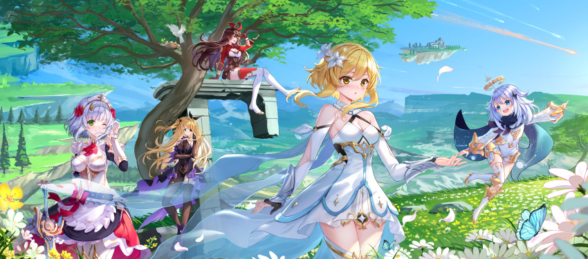 5girls :d ;) absurdres amber_(genshin_impact) bare_shoulders bird blonde_hair blue_eyes brown_hair bug butterfly cape character_request chinese_commentary commentary_request day detached_sleeves dress fischl_(genshin_impact) floating floating_island flower genshin_impact goggles goggles_on_head grass green_eyes hair_flower hair_ornament highres horizon insect long_hair minigirl mixed-language_commentary multiple_girls nest noelle_(genshin_impact) one_eye_closed open_mouth outdoors paimon_(genshin_impact) short_hair silver_hair smile sword swordsouls thighhighs tree two_side_up very_long_hair weapon white_dress yellow_eyes