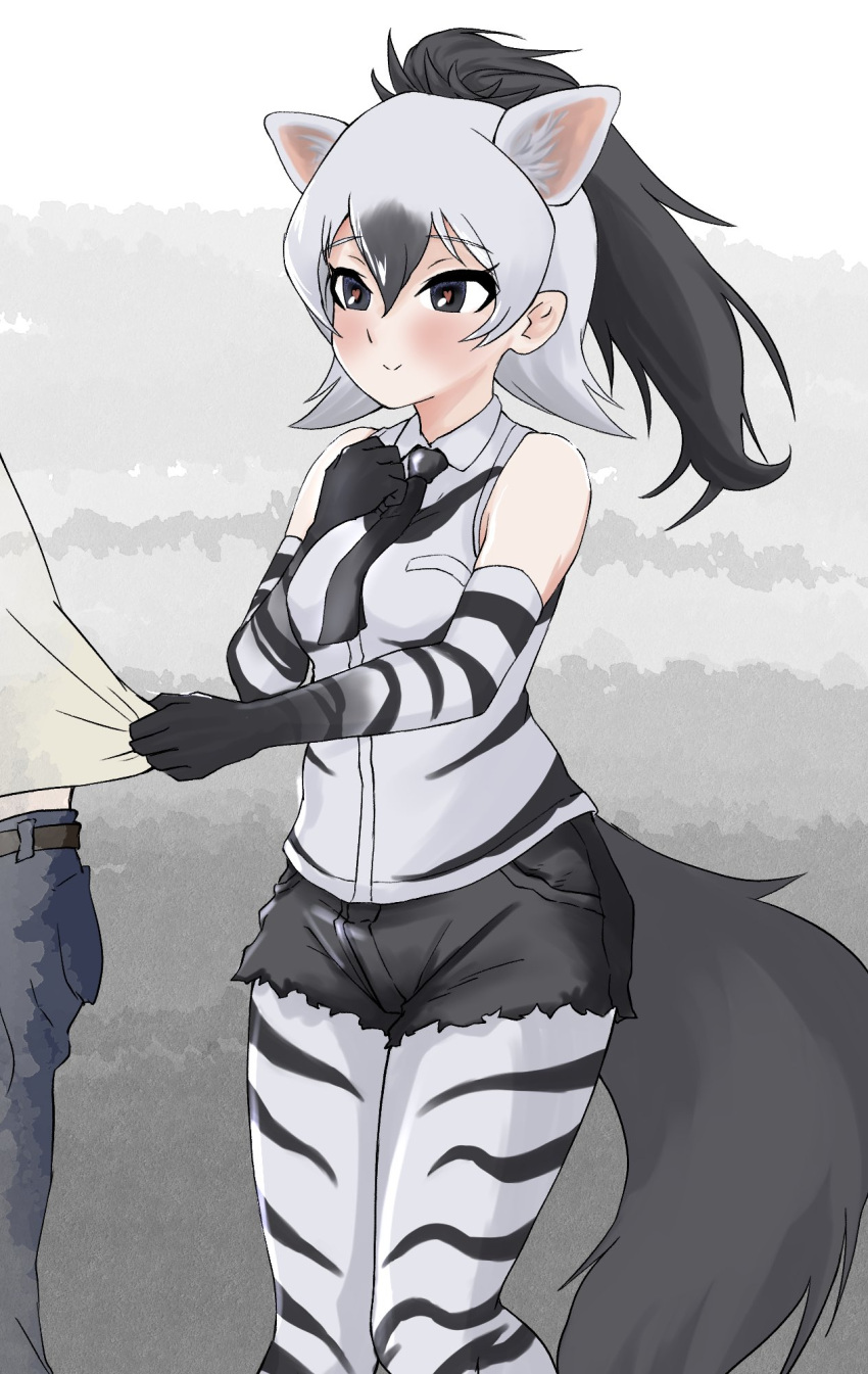 1girl aardwolf_(kemono_friends) aardwolf_ears aardwolf_print aardwolf_tail animal_ears animal_print bare_shoulders black_eyes black_hair black_neckwear black_shorts blush breast_pocket closed_mouth clothes_grab collared_shirt commentary_request cutoffs elbow_gloves extra_ears eyebrows_visible_through_hair gloves grabbing grey_hair hair_between_eyes hand_on_own_chest hand_up heart heart-shaped_pupils high_ponytail highres kemono_friends kyonin_dofu legwear_under_shorts long_hair looking_at_another looking_to_the_side multicolored_hair necktie pantyhose pocket ponytail print_gloves print_legwear print_shirt shirt shorts sleeveless sleeveless_shirt smile solo_focus standing symbol-shaped_pupils tail two-tone_hair wing_collar