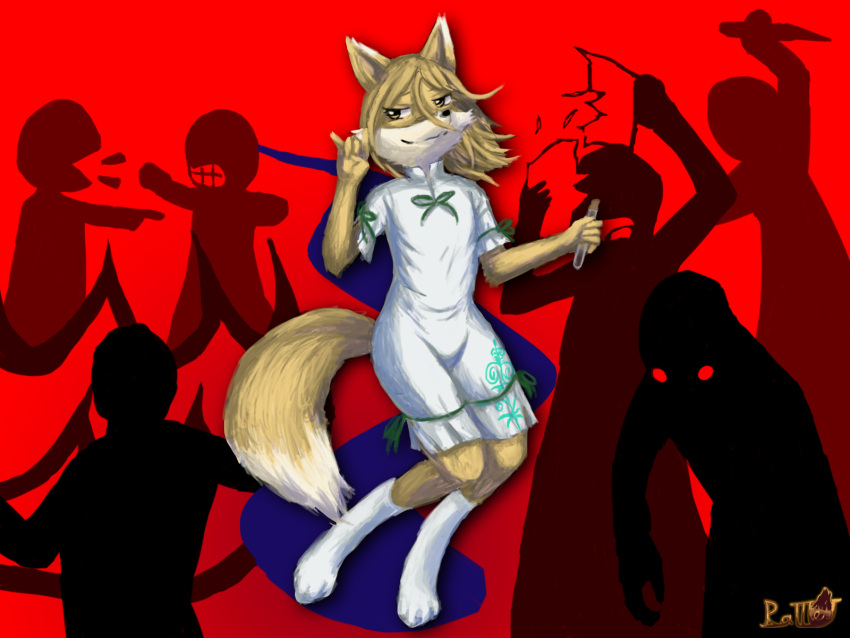 ambiguous_gender angry canid canine fire fox gesture hi_res human mammal ratteu red_background simple_background solo solo_focus touhou tsukasa_kudamaki video_games violence