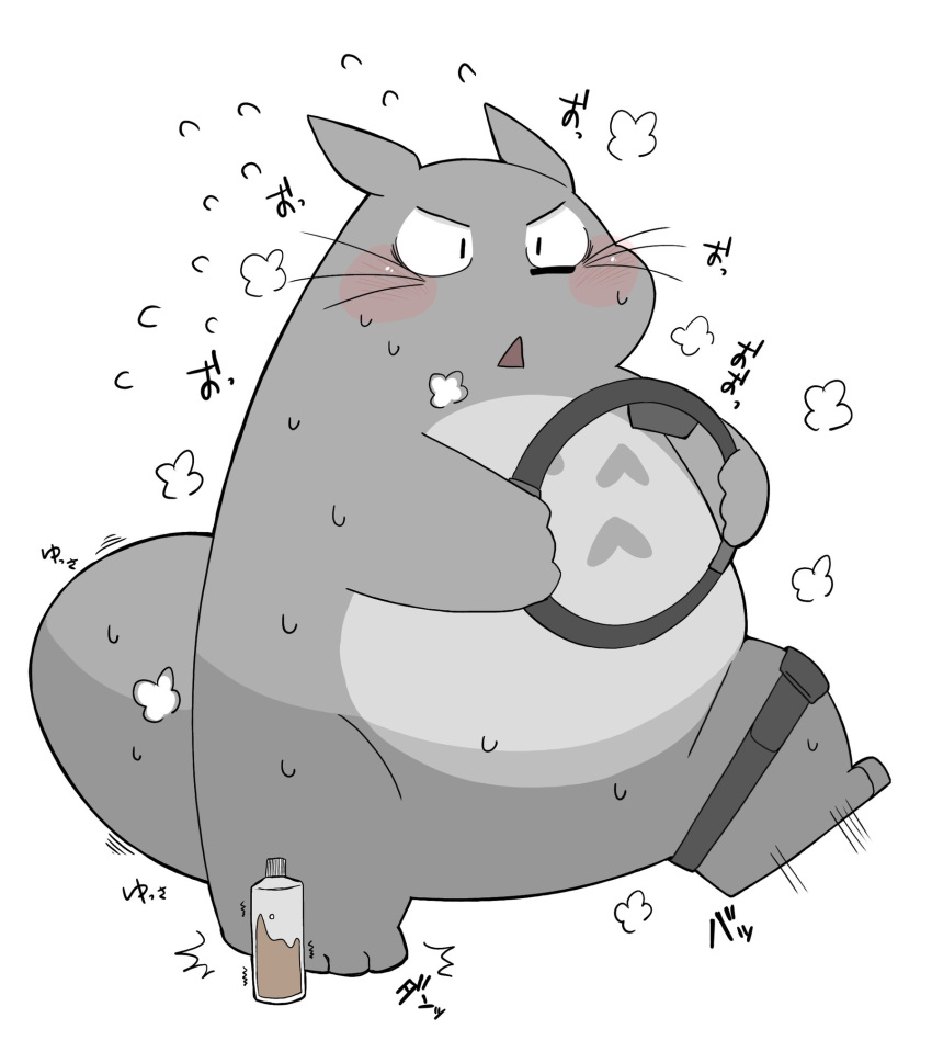 2021 anthro blush exercise fur gayousi7 ghibli grey_body grey_fur hi_res japanese_text kemono my_neighbor_totoro nintendo overweight ring_fit_adventure simple_background solo text totoro video_games white_background workout