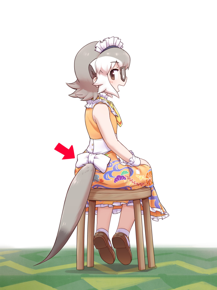0x0082 1girl alternate_costume arrow_(symbol) back_bow bare_shoulders bow brown_footwear coat collar commentary_request dress enmaided extra_ears frilled_collar frills from_behind glasses grey_hair high_collar highres kemono_friends kemono_friends_3 looking_at_viewer maid maid_headdress meerkat_(kemono_friends) meerkat_ears meerkat_tail multicolored_hair necktie official_alternate_costume orange_dress short_hair sitting sleeve_cuffs sleeveless socks solo stool two-tone_hair white_bow white_coat white_hair white_legwear yellow_neckwear