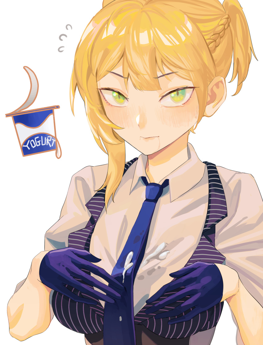 1girl blonde_hair blue_gloves blue_neckwear blue_vest braid chuck_(harfmoondark) collared_shirt french_braid girls_frontline gloves green_eyes half_gloves highres necktie pinstripe_pattern pinstripe_vest shirt short_hair solo striped striped_vest suggestive_fluid upper_body vertical-striped_vest vest welrod_mk2_(girls_frontline) white_shirt yogurt