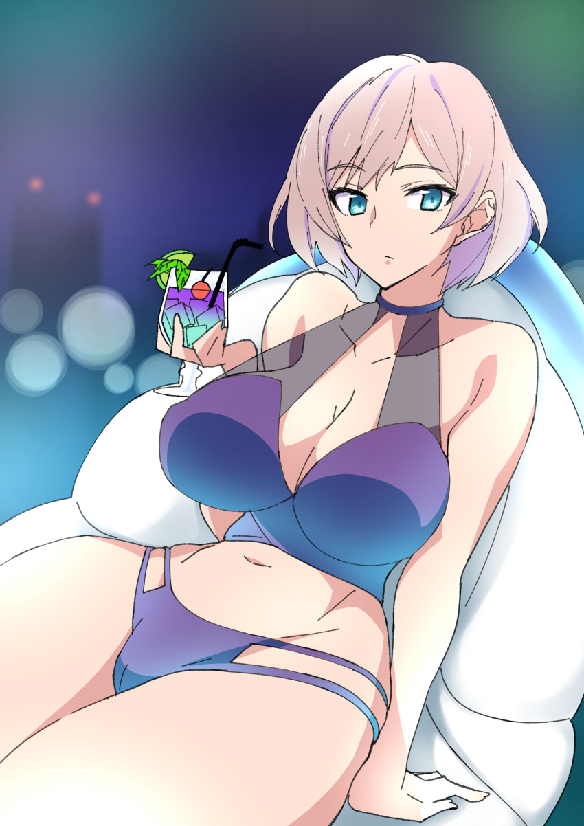 1girl absurdres alcohol arm_support bangs bare_shoulders beach_chair bikini blue_eyes breasts cleavage commentary_request cup drinking_straw eyebrows_visible_through_hair highres holding holding_cup large_breasts miyane_aki_(radical_dash) mujina navel purple_bikini see-through short_hair sitting ssss.dynazenon swimsuit thighs