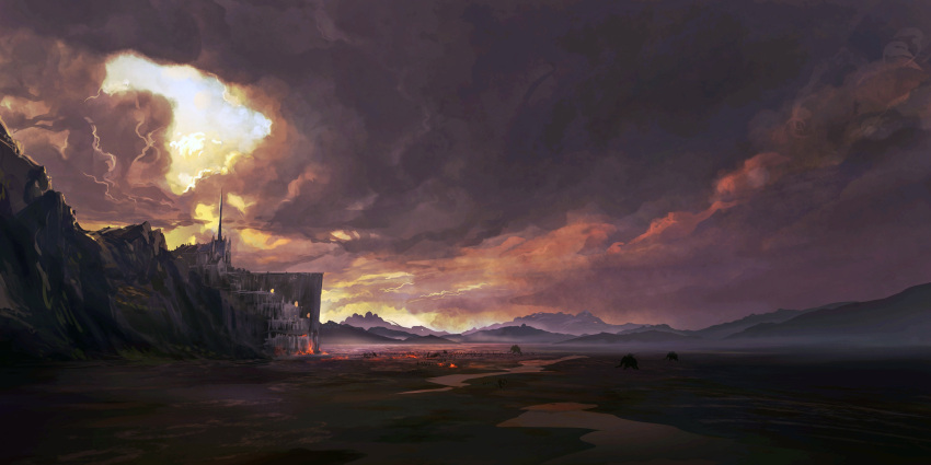 battlefield castle cloud cloudy_sky elephant fire highres horizon landscape lord_of_the_rings mountain no_humans orange_sky outdoors philipp_urlich scenery sky sunlight sunset
