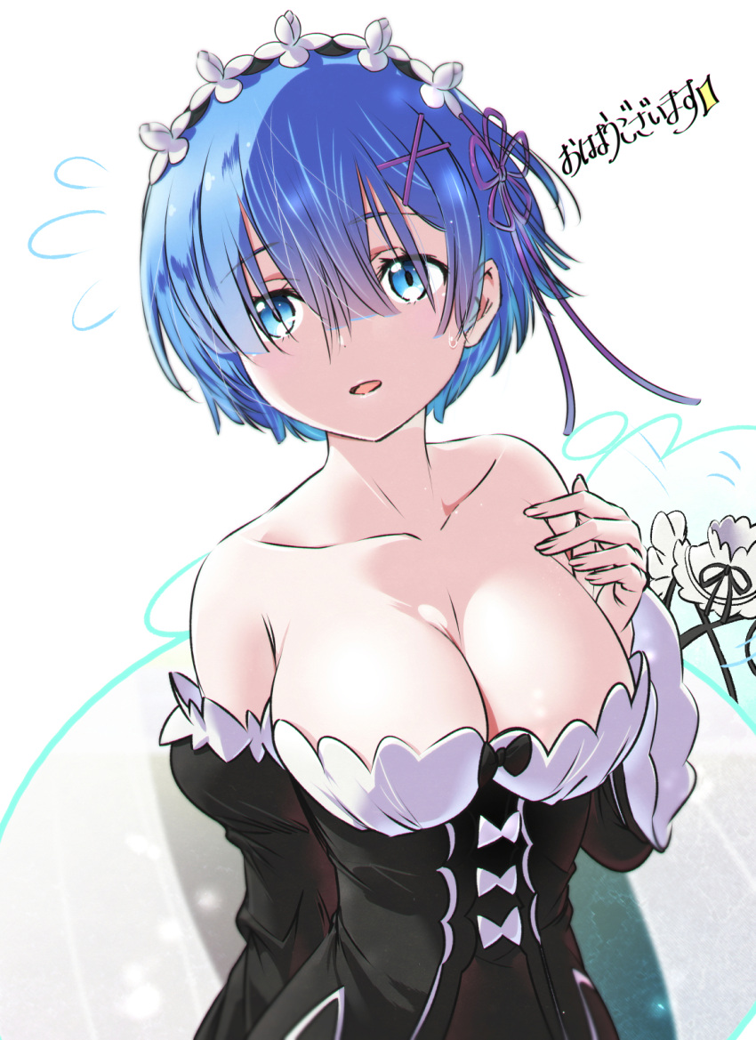 1girl bare_shoulders black_dress blue_eyes blue_hair blush breasts cleavage collarbone commentary_request detached_sleeves dress eyebrows_visible_through_hair flying_sweatdrops frilled_sleeves frills hair_between_eyes hair_ornament hair_ribbon highres large_breasts long_sleeves looking_at_viewer maid maid_headdress mamezuka_takashi open_mouth re:zero_kara_hajimeru_isekai_seikatsu rem_(re:zero) ribbon short_hair solo strapless strapless_dress upper_body x_hair_ornament