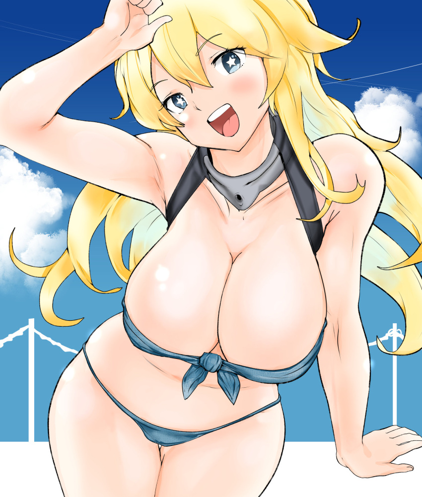 1girl adapted_costume bikini blonde_hair blue_eyes blue_sky breasts cleavage cloud commentary_request cowboy_shot day front-tie_top grey_bikini highres igarasy iowa_(kancolle) kantai_collection large_breasts outdoors sky smile solo star-shaped_pupils star_(symbol) swimsuit symbol-shaped_pupils