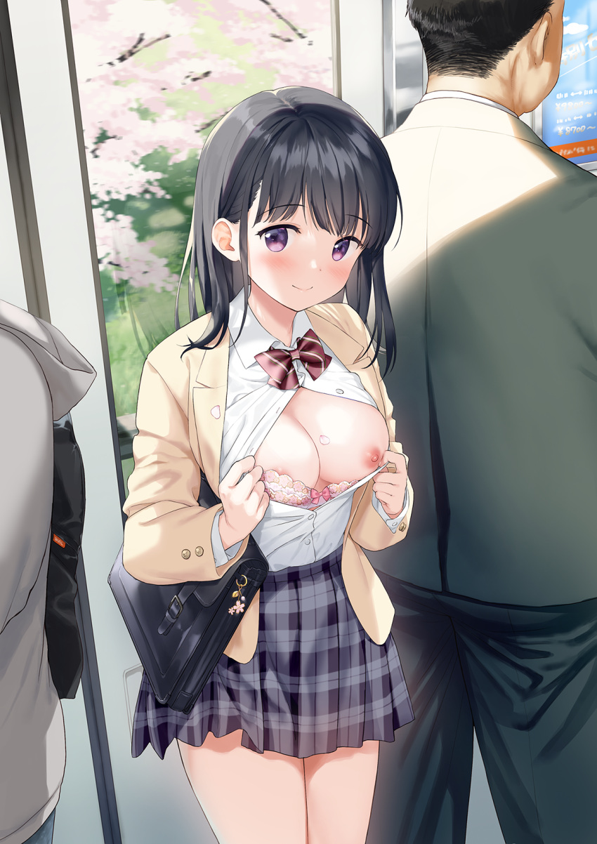 1girl 2boys areolae black_hair blush bra breasts cherry_blossoms cleavage closed_mouth cowboy_shot exhibitionism eyebrows_visible_through_hair highres large_breasts long_hair looking_at_viewer multiple_boys nipples one_breast_out original partially_unbuttoned petals pink_bra pleated_skirt purple_eyes school_uniform sekiya_asami self_exposure skirt smile solo_focus standing train_interior underwear