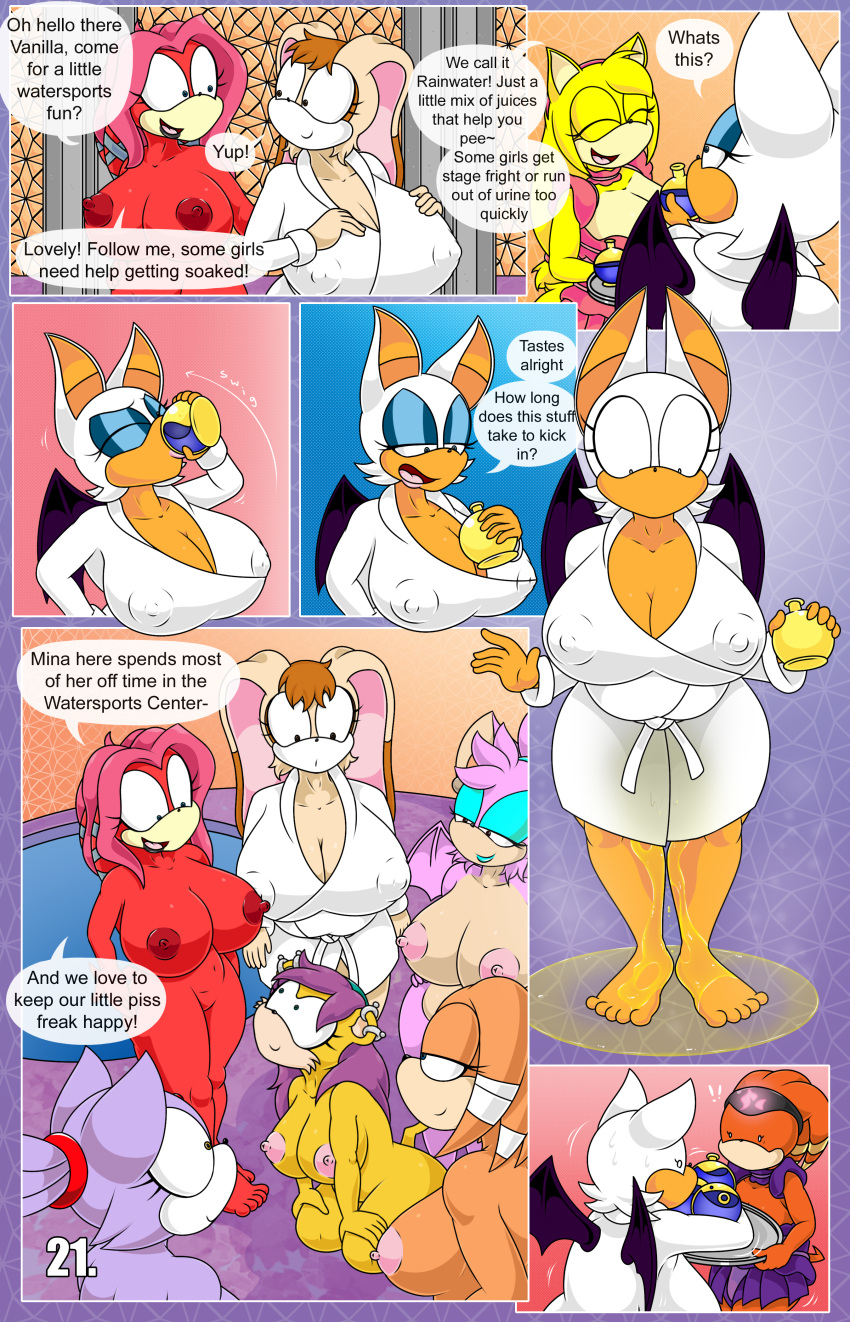 absurd_res anthro archie_comics bessi_the_bat big_breasts blaze_the_cat bodily_fluids breasts clothing comic crouching drinking english_text female female/female genital_fluids group hi_res lien-da mina_mongoose nipples nude robe rouge_the_bat shade_the_echidna sonic_adventure sonic_boom sonic_chronicles:_the_dark_brotherhood sonic_the_hedgehog_(archie) sonic_the_hedgehog_(comics) sonic_the_hedgehog_(series) standing text tikal_the_echidna tinydevilhorns urine vanilla_the_rabbit watersports wetting zooey_the_fox