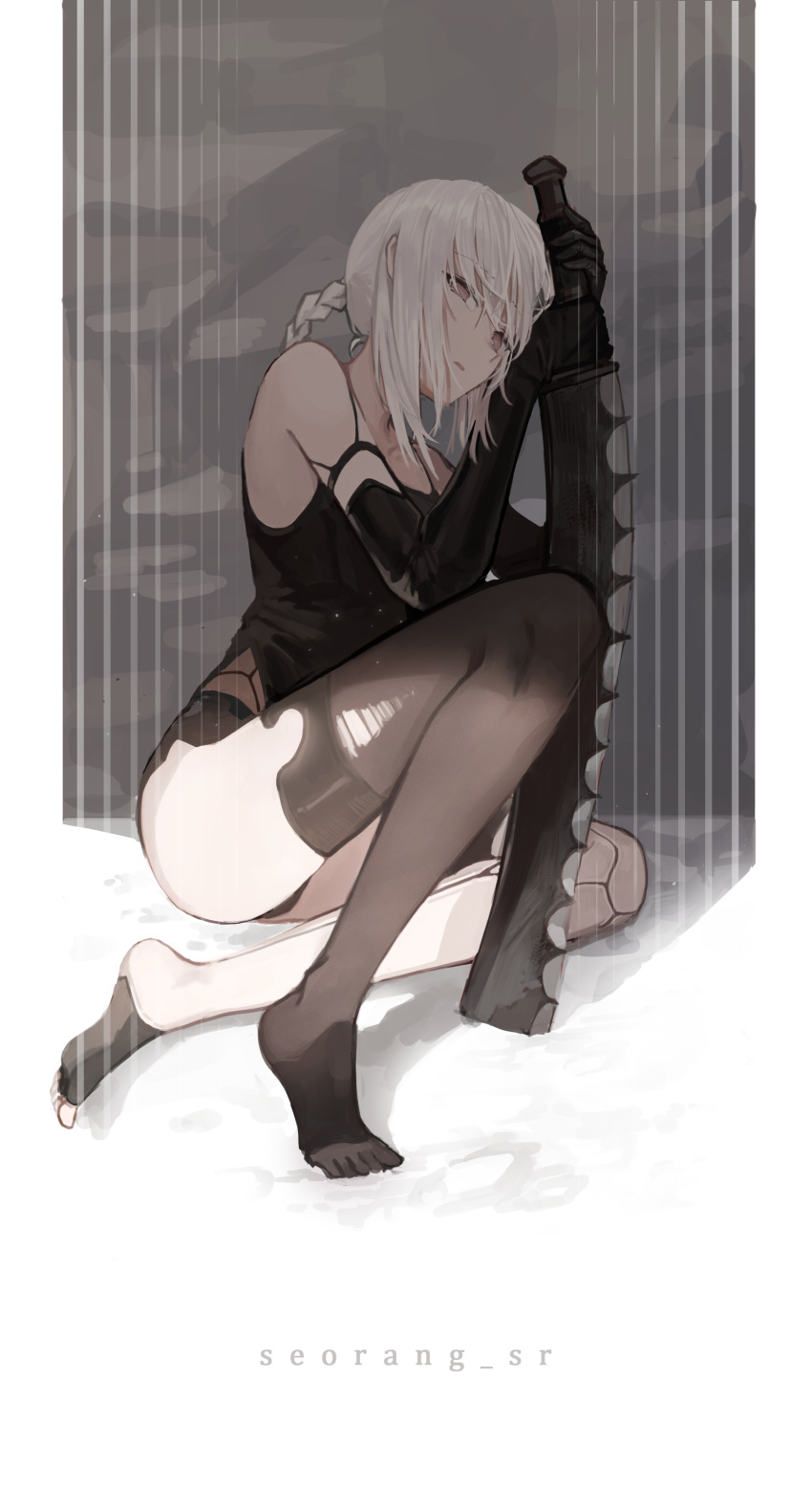 1girl absurdres bandages bangs black_legwear black_panties braid cleaver cosplay elbow_gloves eyebrows_visible_through_hair gloves grey_background highres holding holding_weapon kaine_(nier) leaning_back light_particles light_rays lingerie long_hair looking_at_viewer negligee nier nier_(series) nier_automata panties pantyhose parted_lips red_eyes seorang signature sitting solo sword torn_clothes torn_legwear underwear weapon white_background white_hair yorha_type_a_no._2 yorha_type_a_no._2_(cosplay)