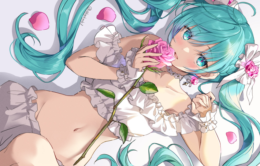 aqua_eyes aqua_hair bloomers curcumin flowers hatsune_miku long_hair navel petals rose signed twintails vocaloid wristwear