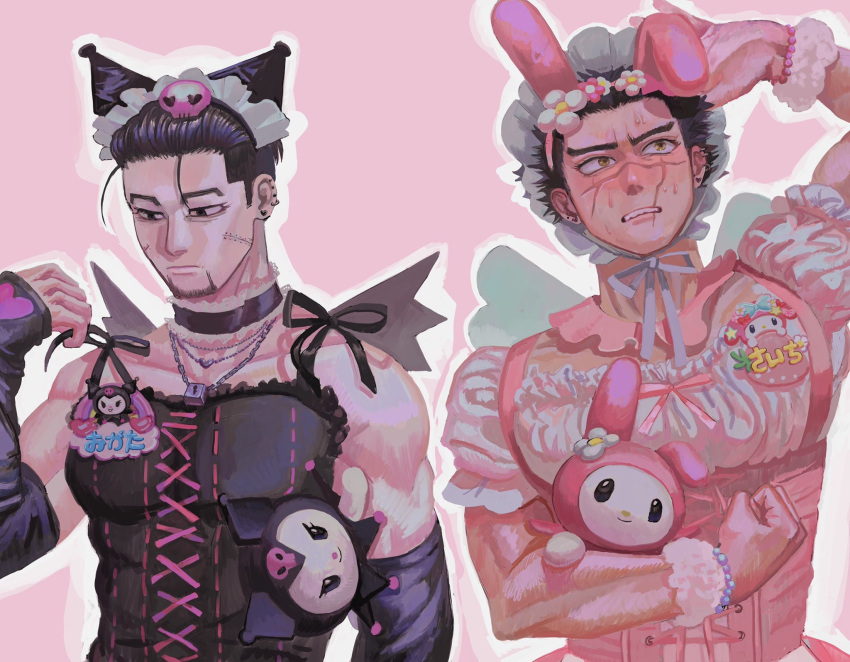 2boys animal_ears arm_warmers black_choker black_eyes black_hair bonnet brown_eyes choker clenched_hand cosplay cross-laced_clothes dress facial_hair fake_animal_ears golden_kamuy hair_slicked_back hand_up highres jewelry kuromi kuromi_(cosplay) lock male_focus multiple_boys muscular muscular_male my_melody my_melody_(cosplay) necklace ogata_hyakunosuke onegai_my_melody pink_background pink_dress scar scar_on_cheek scar_on_face scar_on_nose shiba!!_(3e_t6) short_sleeves stubble stuffed_toy sugimoto_saichi sweatdrop upper_body