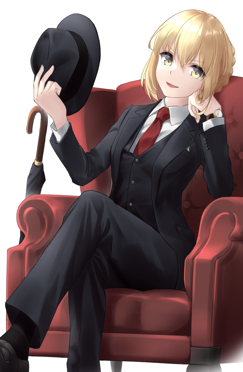 1girl absurdres alternate_costume artoria_pendragon_(all) black_headwear black_pants black_suit blonde_hair braid business_suit fate/grand_order fate_(series) fedora formal french_braid hat highres holding holding_clothes holding_hat long_sleeves necktie pants red_neckwear saber_alter shirt sitting solo suit tsurupy watch white_shirt wristwatch yellow_eyes