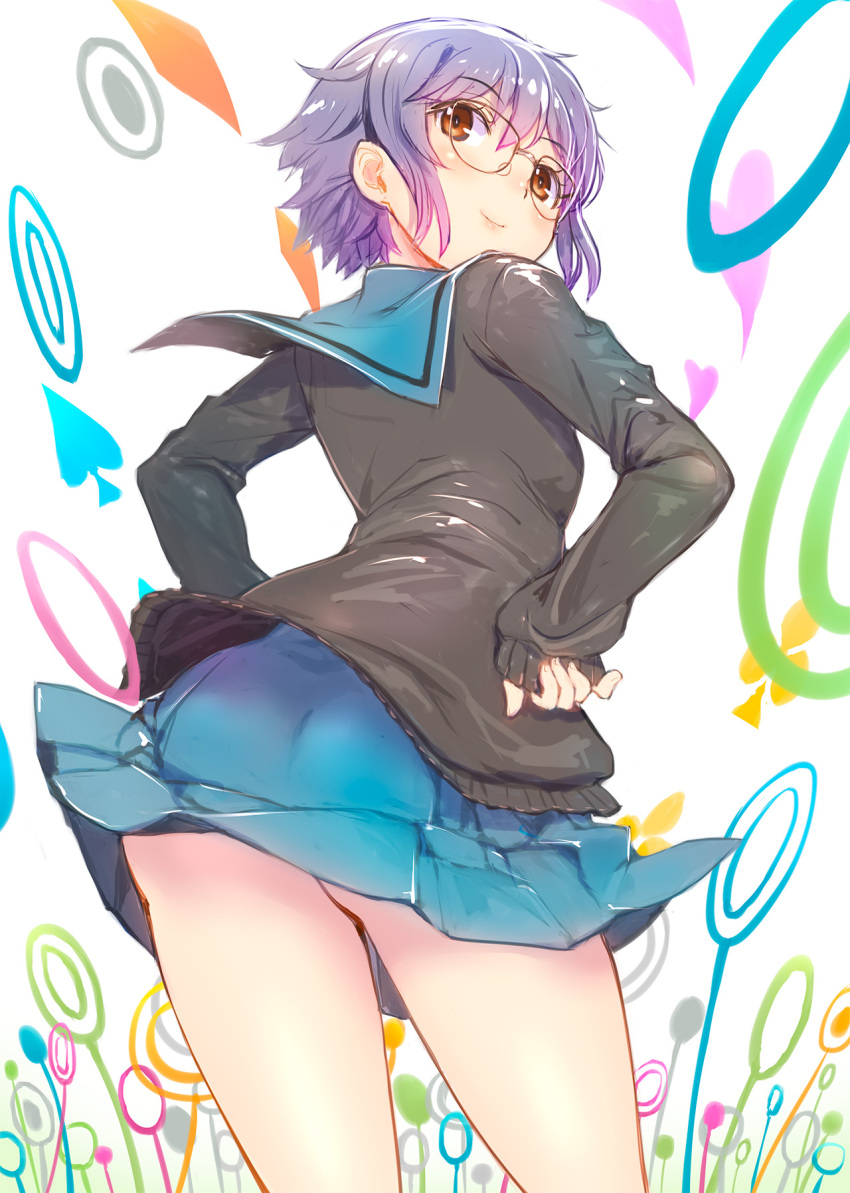 1girl ass black_cardigan blush brown_eyes cardigan club_(shape) diamond_(shape) from_behind glasses heart highres kita_high_school_uniform looking_back mikazuki_akira! nagato_yuki nagato_yuki-chan_no_shoushitsu purple_hair school_uniform serafuku short_hair skirt skirt_lift smile solo spade_(shape) suzumiya_haruhi_no_shoushitsu suzumiya_haruhi_no_yuuutsu wind wind_lift