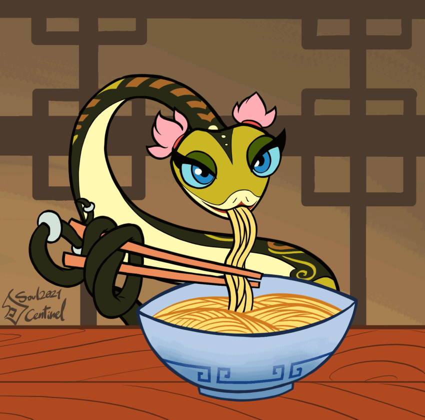 &lt;3 2021 animated blue_eyes bowl chopsticks detailed_background dreamworks eating female feral food front_view hi_res innuendo inside kung_fu_panda lipstick looking_at_viewer makeup master_viper noodles one_eye_closed reptile scalie short_playtime signature snake solo soulcentinel text viper wink