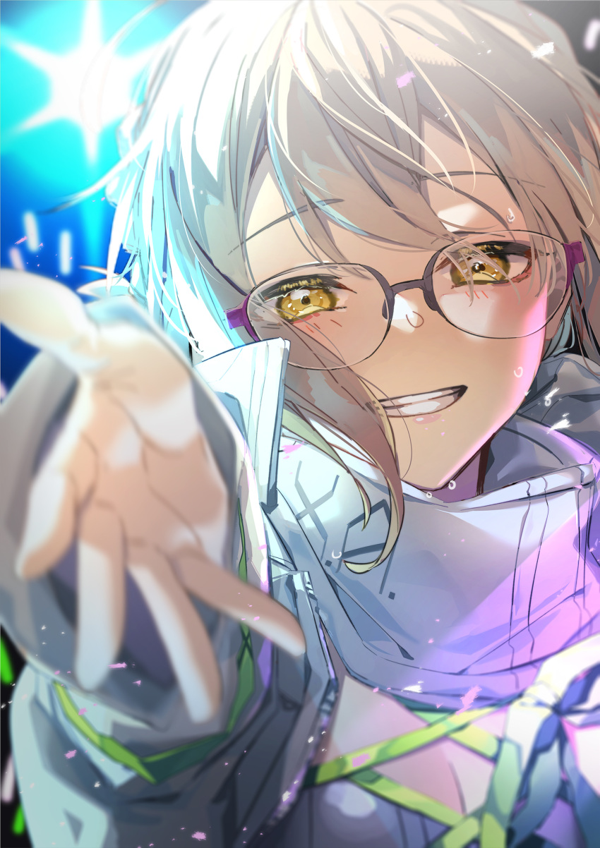 1girl artoria_pendragon_(all) bangs fate/grand_order fate_(series) fuyuhi_tsukika glasses hair_between_eyes highres jacket light light_stick looking_at_viewer mysterious_idol_x_(alter)_(fate) reaching_out short_hair silver_hair smile solo upper_body white_jacket yellow_eyes
