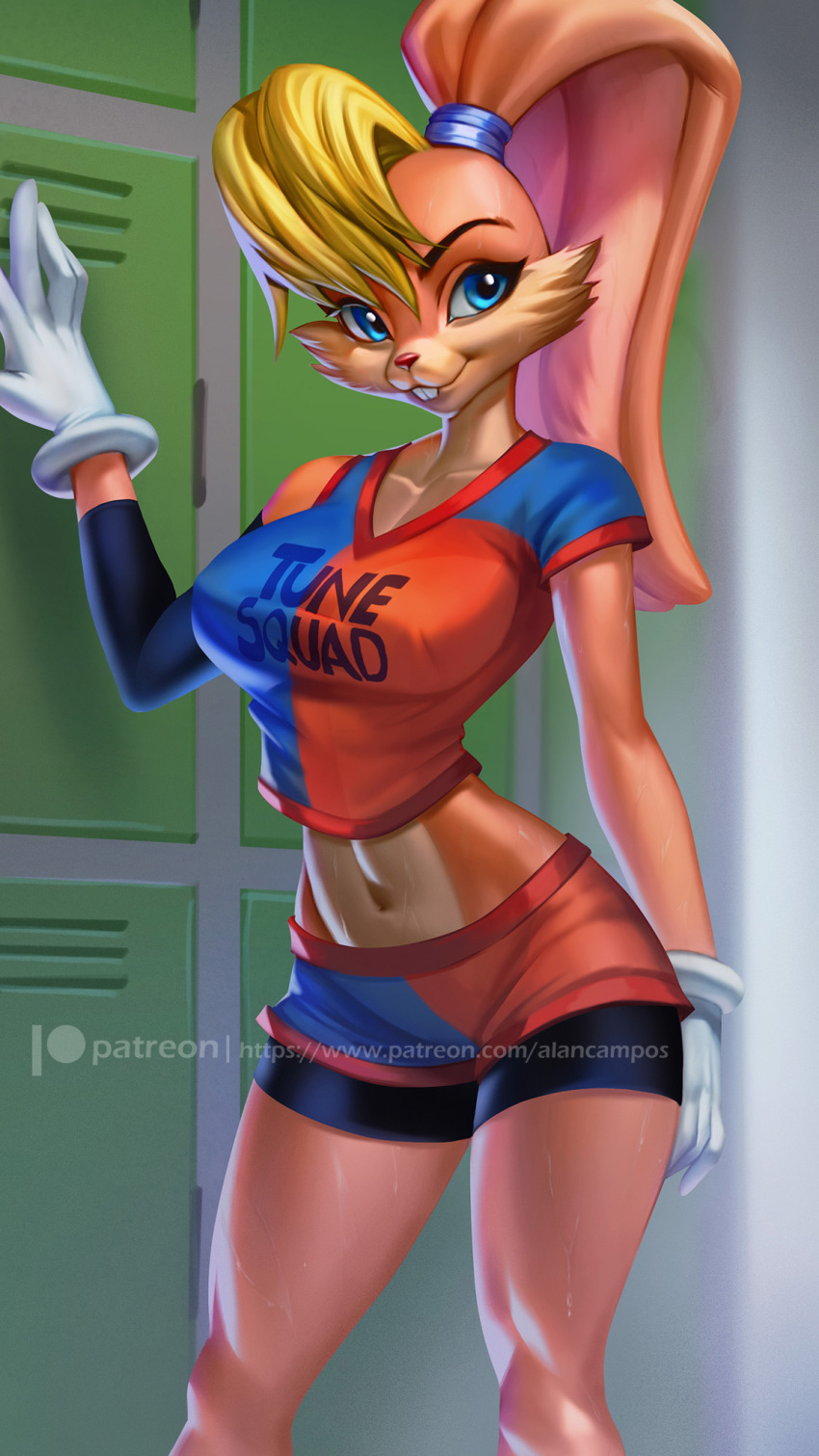 9:16 alanscampos anthro basketball_uniform blonde_hair blue_eyes bodily_fluids breasts buckteeth cleavage clothed clothing female fur gloves hair handwear hi_res lagomorph leporid locker_room lola_bunny looney_tunes mammal navel rabbit solo sportswear sweat tan_body tan_fur teeth uniform warner_brothers