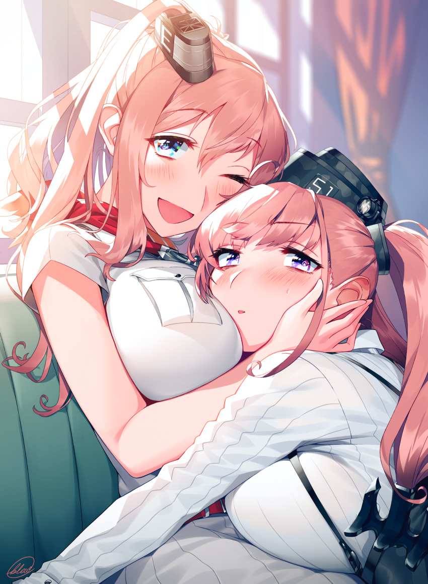 2girls anchor_hair_ornament atlanta_(kancolle) black_headwear blew_andwhite blue_eyes breast_pocket breasts couch dress earrings garrison_cap hair_between_eyes hair_ornament hat highres hug jewelry kantai_collection large_breasts long_hair long_sleeves multiple_girls neckerchief pocket ponytail red_hair red_neckwear saratoga_(kancolle) shirt side_ponytail sidelocks smokestack smokestack_hair_ornament star_(symbol) star_earrings suspenders two_side_up upper_body white_dress white_shirt window