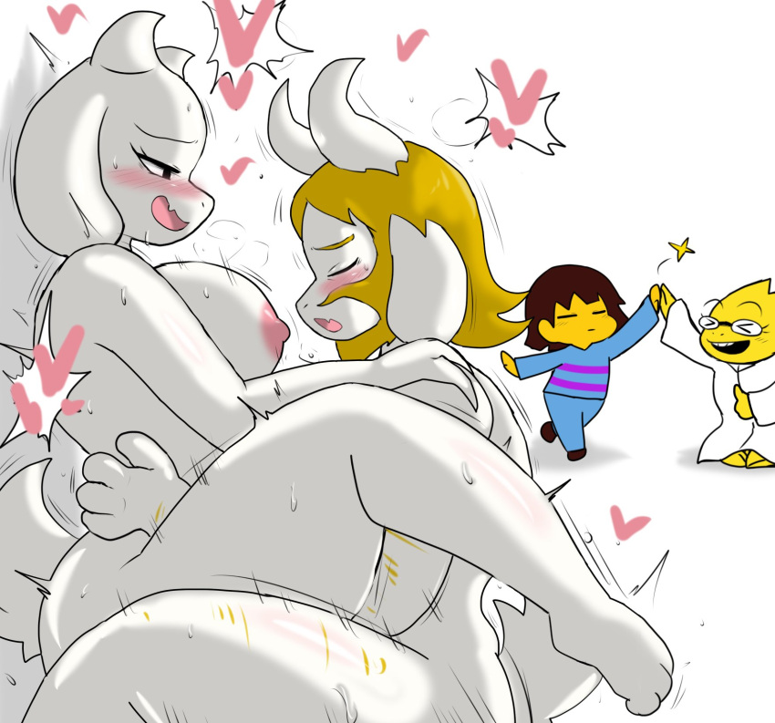 &lt;3 alphys ambiguous_gender ambiguous_penetration anthro anthro_on_anthro anthro_penetrated anthro_penetrating anthro_penetrating_anthro areola asgore_dreemurr beard blonde_hair blonde_mane blush bovid breasts caprine clothing duo_focus enigi09 eyes_closed eyewear facial_hair female female_penetrated from_front_position fur glasses goat group hair hi_res human male male/female male_penetrating male_penetrating_female mammal mane mastery_position nude open_mouth penetration protagonist_(undertale) reptile scalie sex teeth toriel undertale video_games white_body white_fur