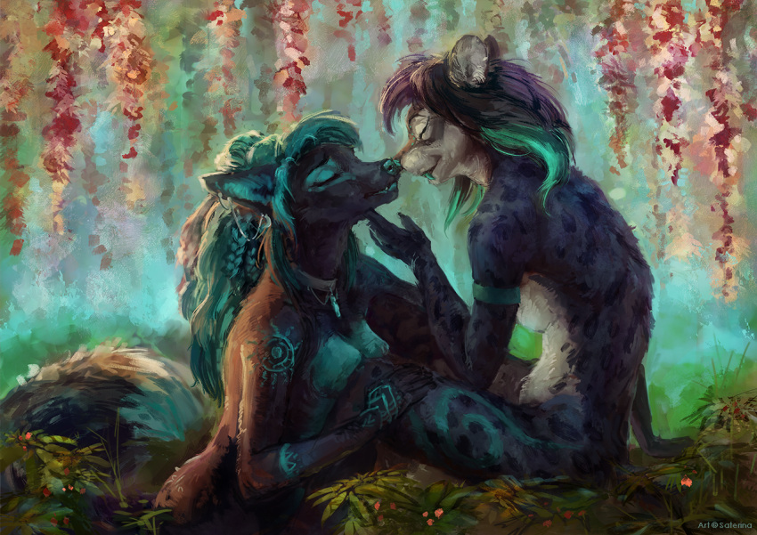 anthro canid canine canis duo felid female female/female forest freya_(zionsangel) holding_chin kissing machairodontine mammal natsumi_oni painting_(artwork) plant romantic romantic_ambiance sabertoothed_cat saterina traditional_media_(artwork) tree wolf zionsangel