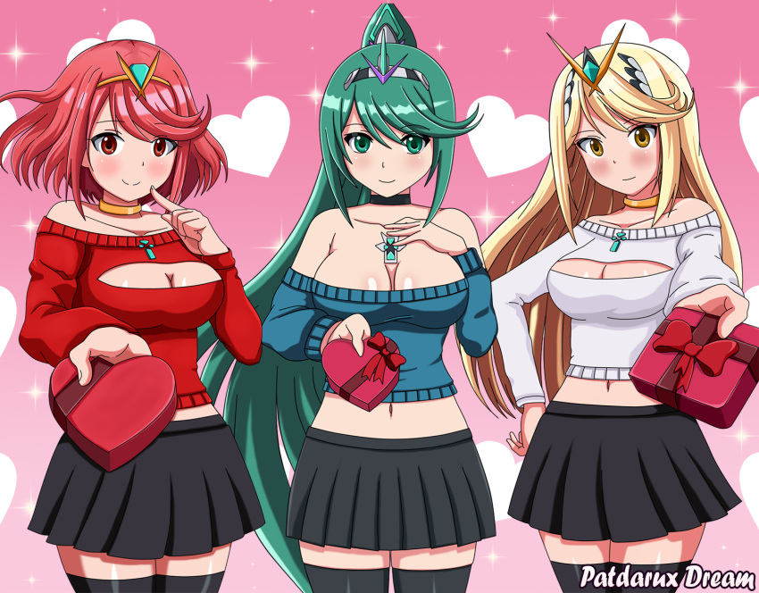 cleavage hikari_(xenoblade_2) homura_(xenoblade_2) no_bra patdarux pneuma_(xenoblade_2) sweater thighhighs valentine xenoblade xenoblade_chronicles_2