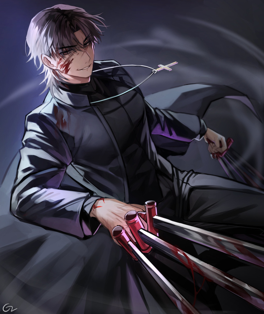 1boy absurdres bangs between_fingers black_coat black_keys_(type-moon) blood blood_on_face brown_eyes brown_hair coat cross cross_necklace evil_smile eyebrows_visible_through_hair eyes_visible_through_hair fate/stay_night fate_(series) forked_eyebrows highres jewelry kotomine_kirei latin_cross leg_up long_sleeves male_focus medium_hair necklace parted_bangs rijjin smile solo sword weapon