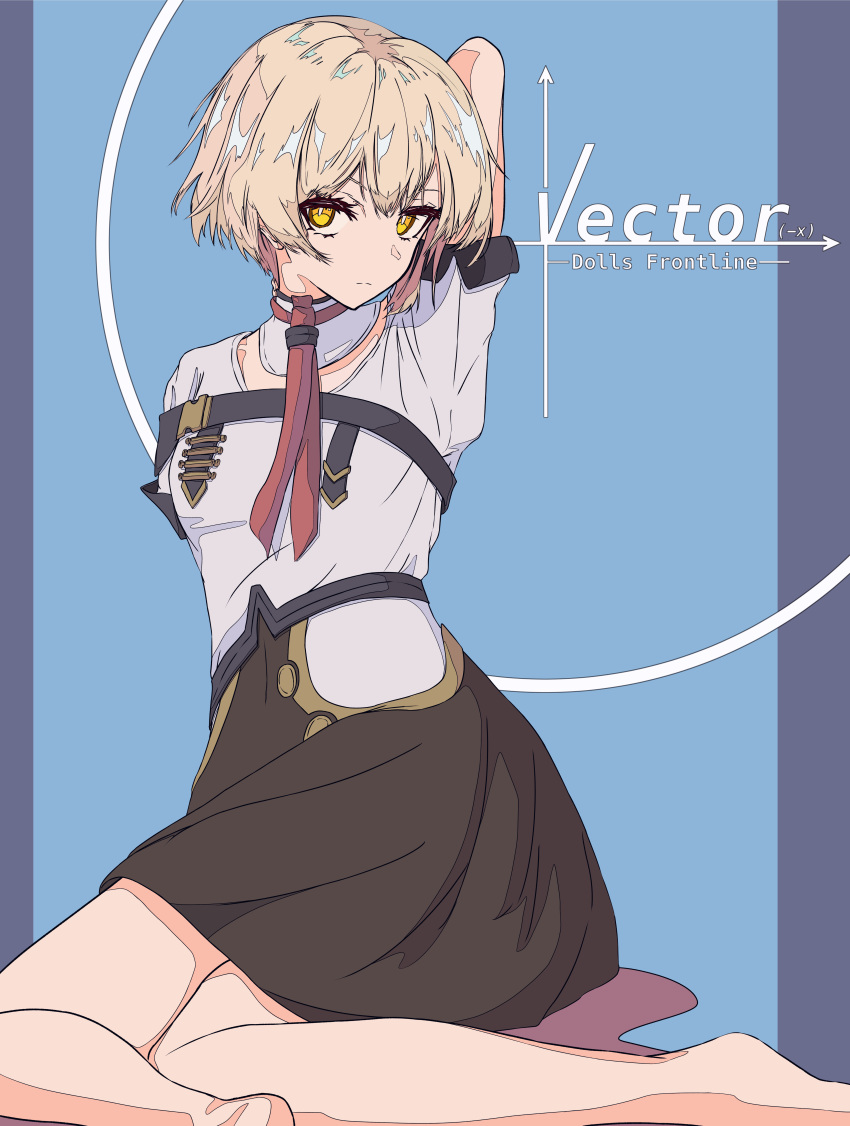 1girl absurdres arm_behind_back arm_behind_head blonde_hair brown_skirt character_name closed_mouth copyright_name eyebrows_visible_through_hair girls_frontline highres looking_at_viewer necktie red_neckwear sarasa_dry shirt short_hair simple_background sitting_on_floor skirt solo vector_(girls_frontline) white_shirt yellow_eyes