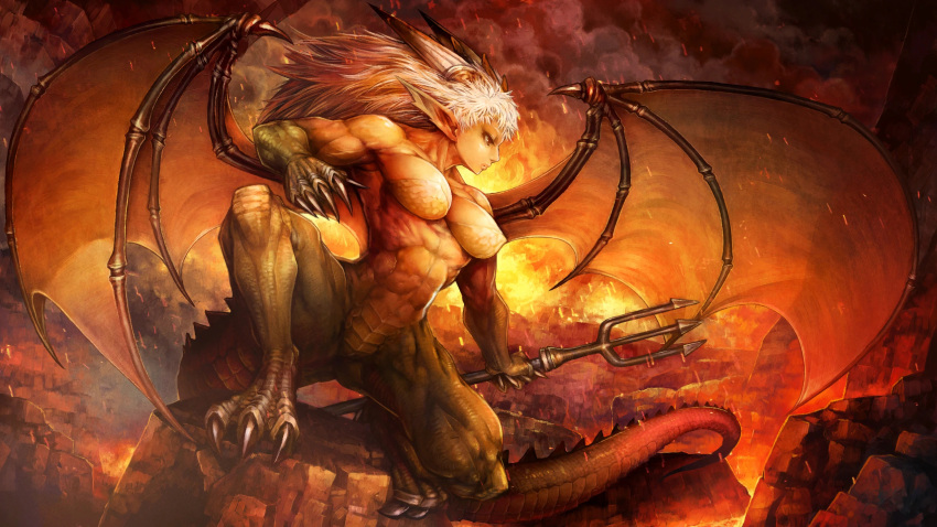 16:9 2_horns abs big_breasts breasts dragon dragon's_crown female fire hi_res horn humanoid medium_breasts melee_weapon membrane_(anatomy) membranous_wings muscular muscular_female muscular_humanoid not_furry nude polearm scales scalie shigatake solo trident weapon widescreen wings