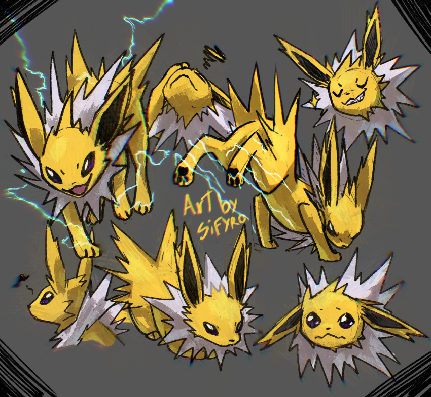 ambiguous_gender annoyed black_pawpads blitzdrachin conditional_dnp eeveelution electricity facepalm feral grey_background happy hi_res jolteon kick multiple_poses nintendo pawpads paws pok&eacute;mon pok&eacute;mon_(species) pose sad shaded simple_background smug solo video_games