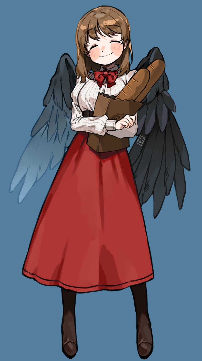 1girl absurdres bag bangs black_feathers black_wings blue_background blush bow bread brown_hair closed_eyes eyebrows_visible_through_hair feathered_wings feathers food highres holding holding_bag juliet_sleeves long_skirt long_sleeves medium_hair original paper_bag puffy_sleeves red_bow red_neckwear red_skirt shirt shopping_bag simple_background skirt smile solo symbol_commentary useq1067 white_shirt wings