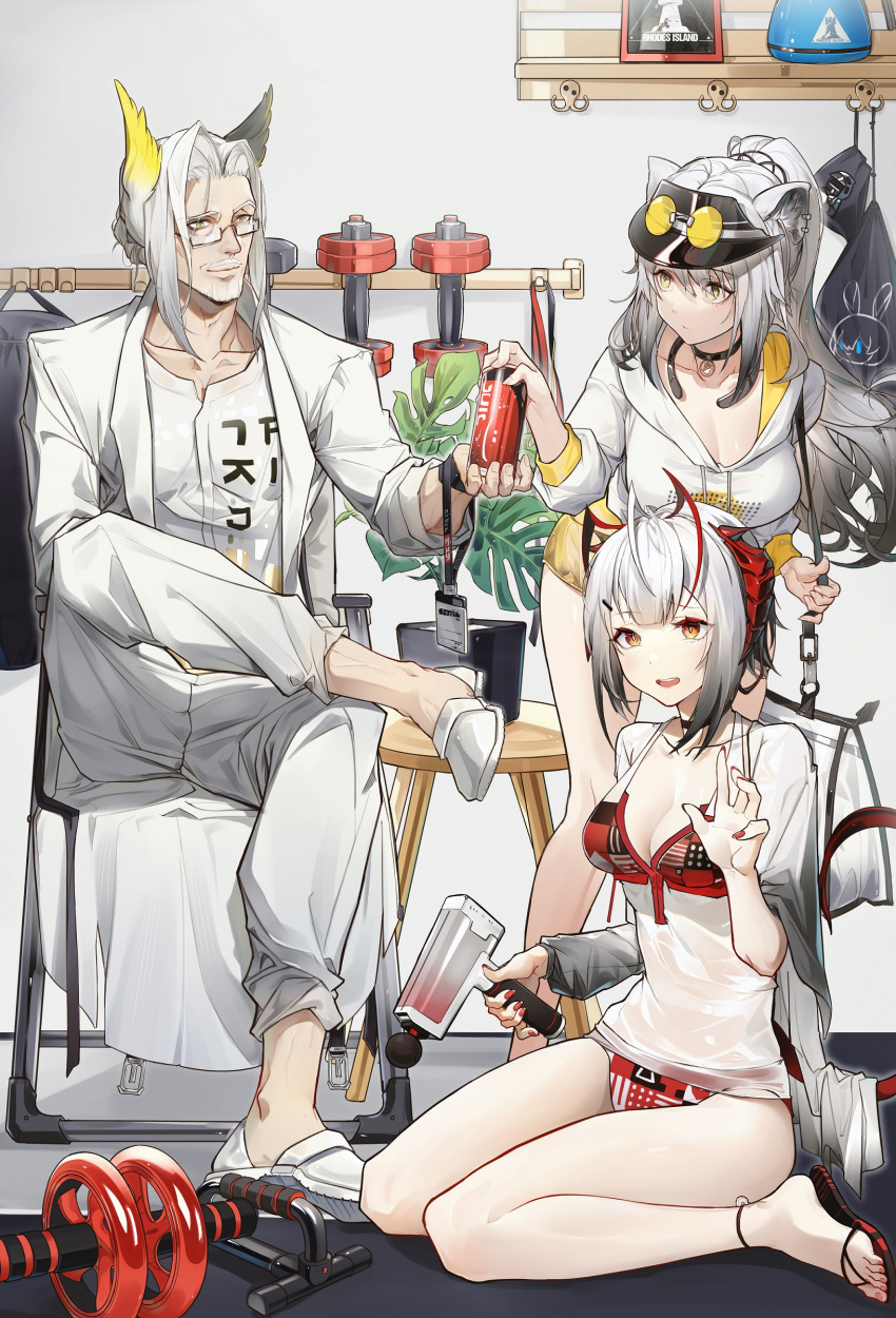 1boy 2girls absurdres ahoge alternate_costume amiya_(arknights) animal_ears antennae arknights bikini bird_ears black_choker cameo cat_ears chinese_commentary choker coat collarbone demon_horns demon_tail doctor_(arknights) dpea9 dumbbell eyewear_on_head facial_hair glasses goatee grey_hair hellagur_(arknights) highres holding horns id_card kettle lanyard long_hair looking_at_viewer multiple_girls mustache open_clothes open_coat open_mouth pants plant ponytail potted_plant red_bikini red_nails rhodes_island_logo sandals schwarz_(arknights) see-through shelf shirt short_hair shorts sitting skadi_(arknights) sunglasses sweater swimsuit tail tied_hair visor_cap w_(arknights) wariza when_you_see_it white_coat white_footwear white_pants white_shirt white_sweater yellow_eyes yellow_shorts