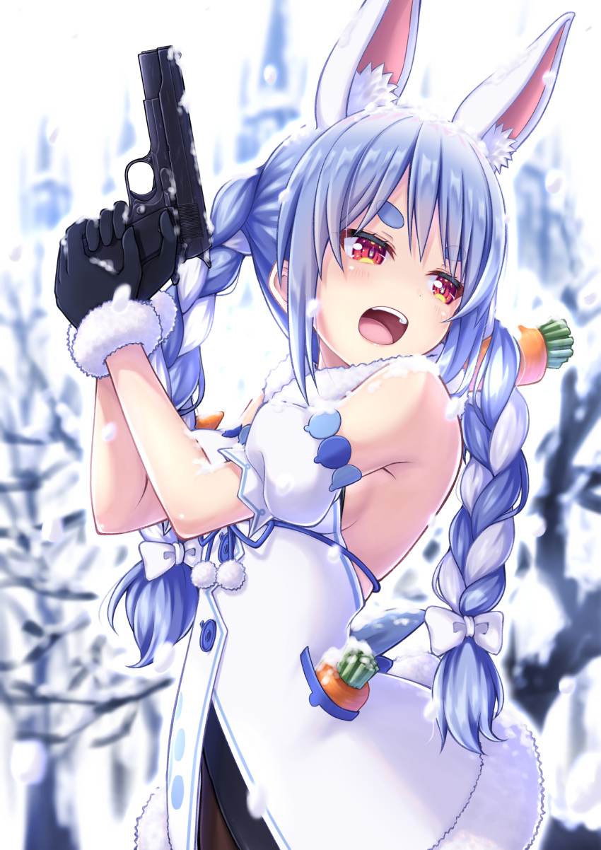 1girl animal_ear_fluff animal_ears bangs bare_shoulders black_gloves black_leotard blue_hair blurry blurry_background blush bow braid breasts bunny-shaped_pupils bunny_ears bunny_tail carrot carrot_hair_ornament coat commentary_request detached_sleeves eyebrows_visible_through_hair food_themed_hair_ornament fur-trimmed_coat fur-trimmed_gloves fur_scarf fur_trim gloves gun hair_bow hair_ornament handgun hands_up highres holding holding_gun holding_weapon hololive leotard leotard_under_clothes long_hair looking_to_the_side multicolored_hair open_mouth outdoors pom_pom_(clothes) pontasu puffy_short_sleeves puffy_sleeves rabbit_girl red_eyes scarf short_eyebrows short_sleeves sideboob small_breasts snow snowing solo standing strapless strapless_coat strapless_leotard tail thick_eyebrows twin_braids twintails two-tone_hair upper_teeth usada_pekora virtual_youtuber weapon white_bow white_coat white_hair white_scarf white_sleeves