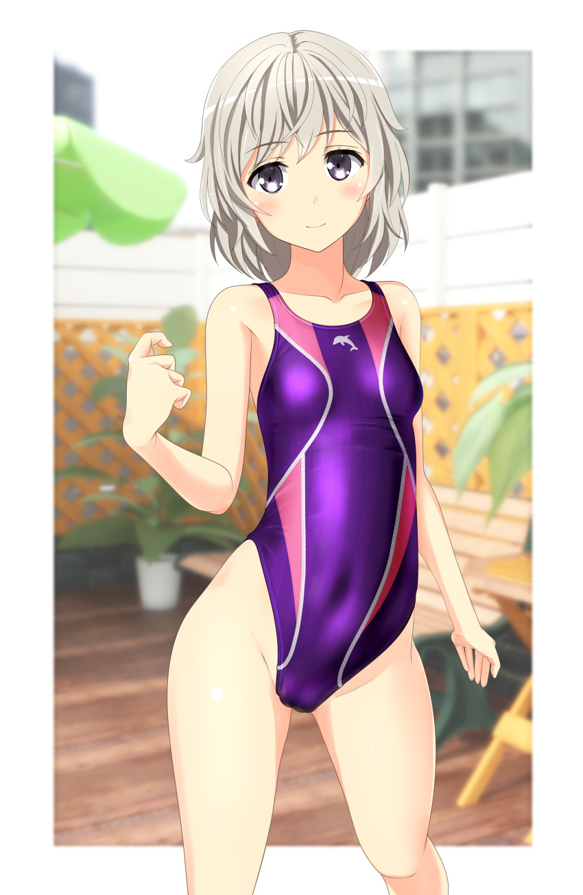 1girl absurdres bench blurry breasts cameltoe competition_swimsuit contrapposto covered_navel cowboy_shot depth_of_field dolphin_print fence grey_eyes groin high_school_fleet highleg highleg_swimsuit highres looking_at_viewer multicolored multicolored_clothes multicolored_swimsuit one-piece_swimsuit plant purple_swimsuit short_hair silver_hair small_breasts solo standing swimsuit takafumi tateishi_shima umbrella wooden_fence
