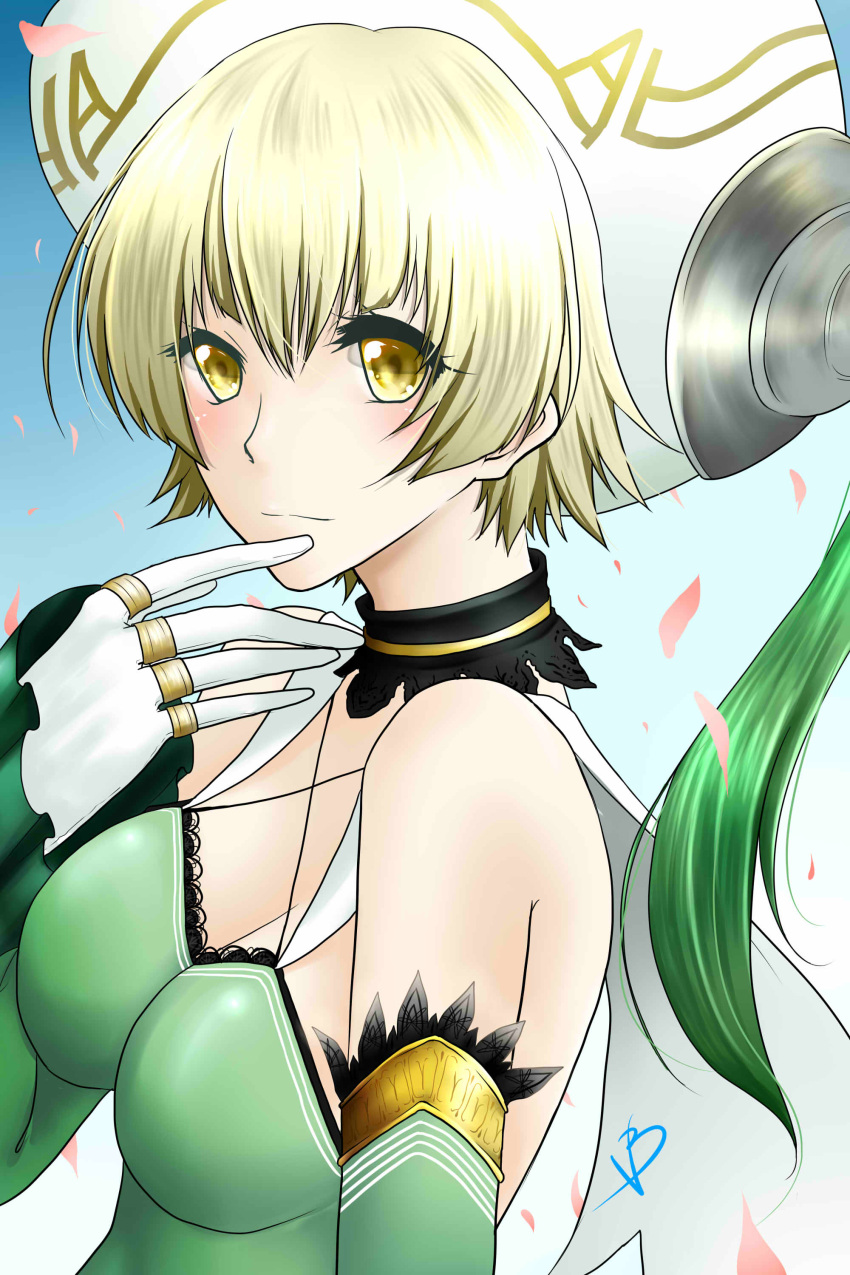 .hack// 1girl absurdres atoli_(.hack//) atri-my_dear_moments- blonde_hair breasts gloves gradient gradient_background green_shirt haruna_aoi highres scrunchie shirt