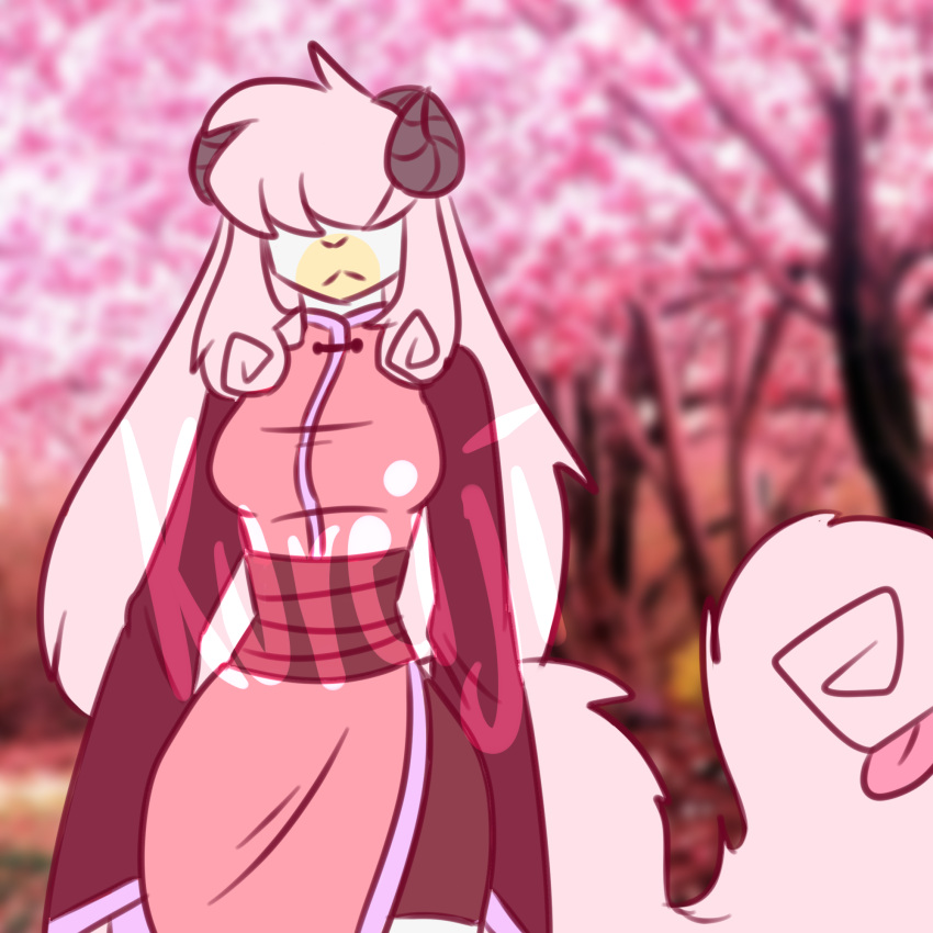 1:1 anthro asian_clothing bovid caprine clothed clothing crazy_guy_(artist) east_asian_clothing female fluffy fluffy_tail goat hair hi_res horn japanese_clothing long_hair long_tail mammal monster_tail pink sakura solo tongue white_body