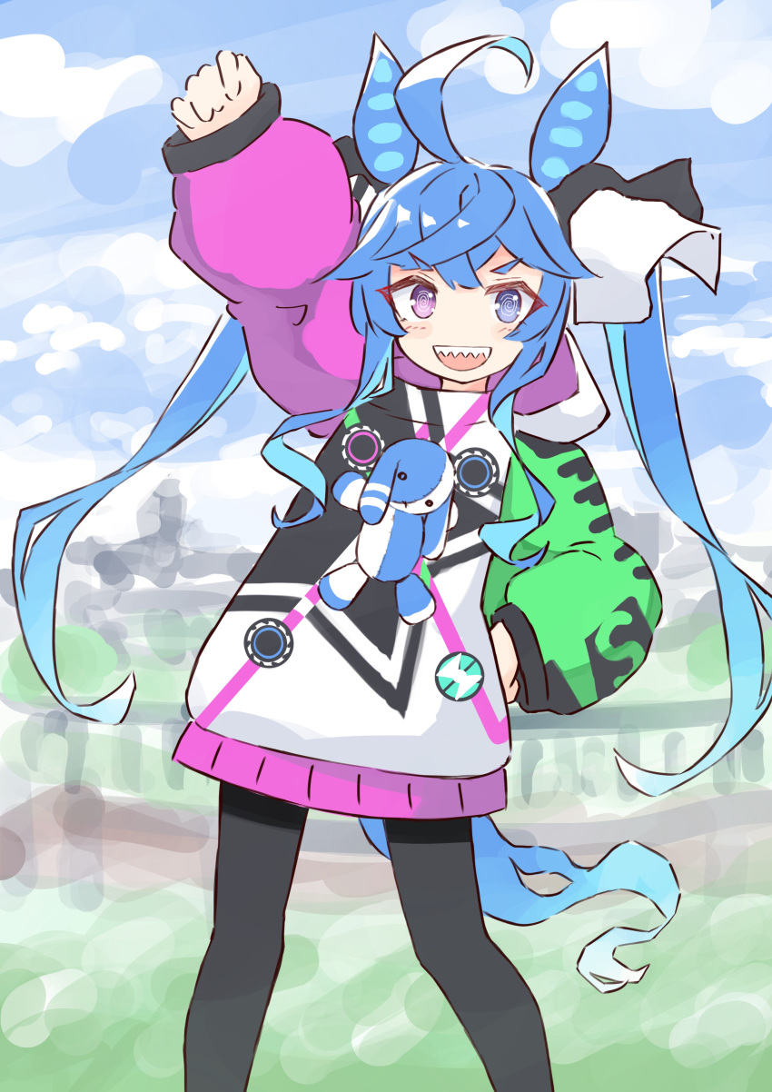 1girl :d absurdres ahoge animal_ears arm_up bangs black_legwear blue_eyes blue_hair commentary_request day eyebrows_visible_through_hair feet_out_of_frame hand_on_hip heterochromia highres hood hood_down hoodie horse_ears horse_girl horse_tail ichi long_hair long_sleeves looking_at_viewer open_mouth outdoors pantyhose puffy_long_sleeves puffy_sleeves purple_eyes sharp_teeth short_eyebrows smile solo standing tail teeth thick_eyebrows twin_turbo_(umamusume) twintails umamusume very_long_hair white_hoodie