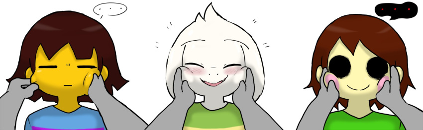 ... ambiguous/ambiguous ambiguous_gender ambiguous_pov ambiguous_species anthro asriel_dreemurr blush bovid caprine chara_(undertale) clothing creepy_face cute_face enigi09 first_person_view fur goat group hair hand_on_cheek hi_res human male male/ambiguous mammal open_mouth protagonist_(undertale) simple_background undertale video_games white_background white_body white_fur young