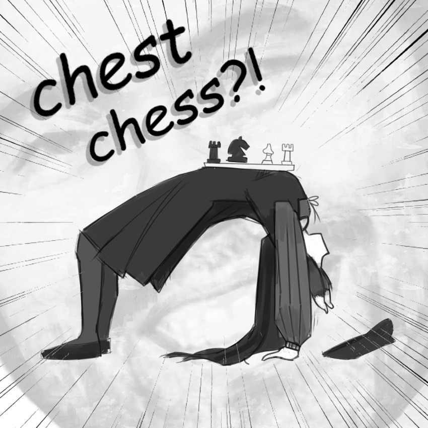 absurdres bent board_game chess chess_piece chessboard comic_sans dress emphasis_lines english_commentary from_side greyscale highres hololive hololive_english long_hair monochrome ninomae_ina'nis pantyhose shirt tentacle_hair very_long_hair virtual_youtuber xyanaid