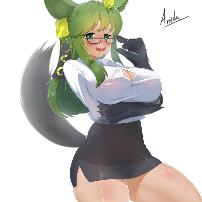 1girl absurdres amidasketchbook animal_ears anubis_(monster_girl_encyclopedia) artist_name black_shirt blush breasts claws cleavage dress_shirt fangs glasses green_eyes green_hair hair_ornament highres jackal_ears jackal_tail large_breasts monster_girl monster_girl_encyclopedia office_lady open_mouth shirt sidelocks skirt smile solo thighs white_shirt