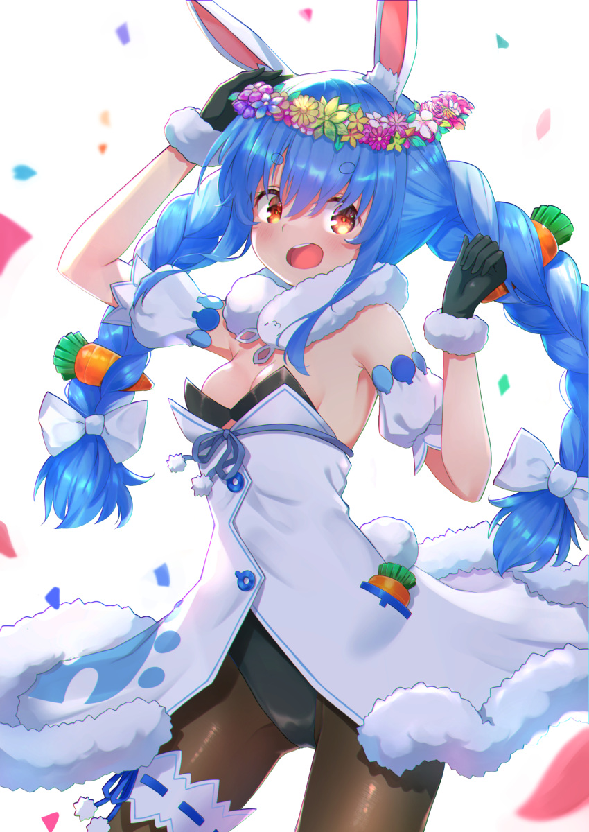 1girl absurdres animal_ear_fluff animal_ears arm_up bangs bare_shoulders black_gloves black_leotard blue_flower blue_hair bow braid breasts brown_legwear bunny_ears carrot_hair_ornament detached_sleeves don-chan_(usada_pekora) dress eyebrows_visible_through_hair flower flower_wreath food_themed_hair_ornament fur-trimmed_dress fur-trimmed_gloves fur_trim gloves hair_between_eyes hair_bow hair_ornament head_wreath highres hololive kutar22 leotard multicolored_hair pantyhose pink_flower puffy_short_sleeves puffy_sleeves purple_flower short_eyebrows short_sleeves small_breasts strapless strapless_dress thick_eyebrows twin_braids twintails two-tone_hair usada_pekora virtual_youtuber white_background white_bow white_dress white_flower white_sleeves yellow_flower