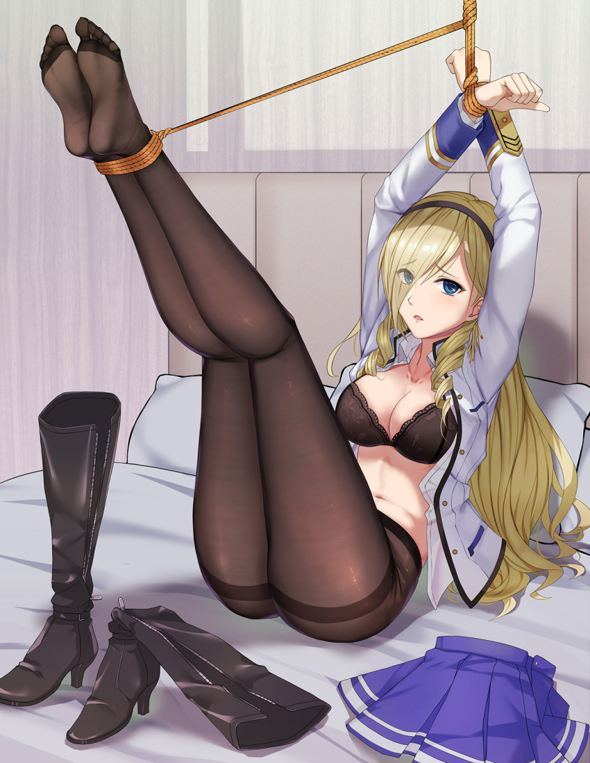 1girl bdsm black_legwear blonde_hair blue_eyes bondage bound bra celia_kumani_entory drill_hair feet feet_up haimei1980 hairband highres leg_up long_hair looking_at_viewer pantyhose restrained soles thighhighs tickling underwear walkure_romanze