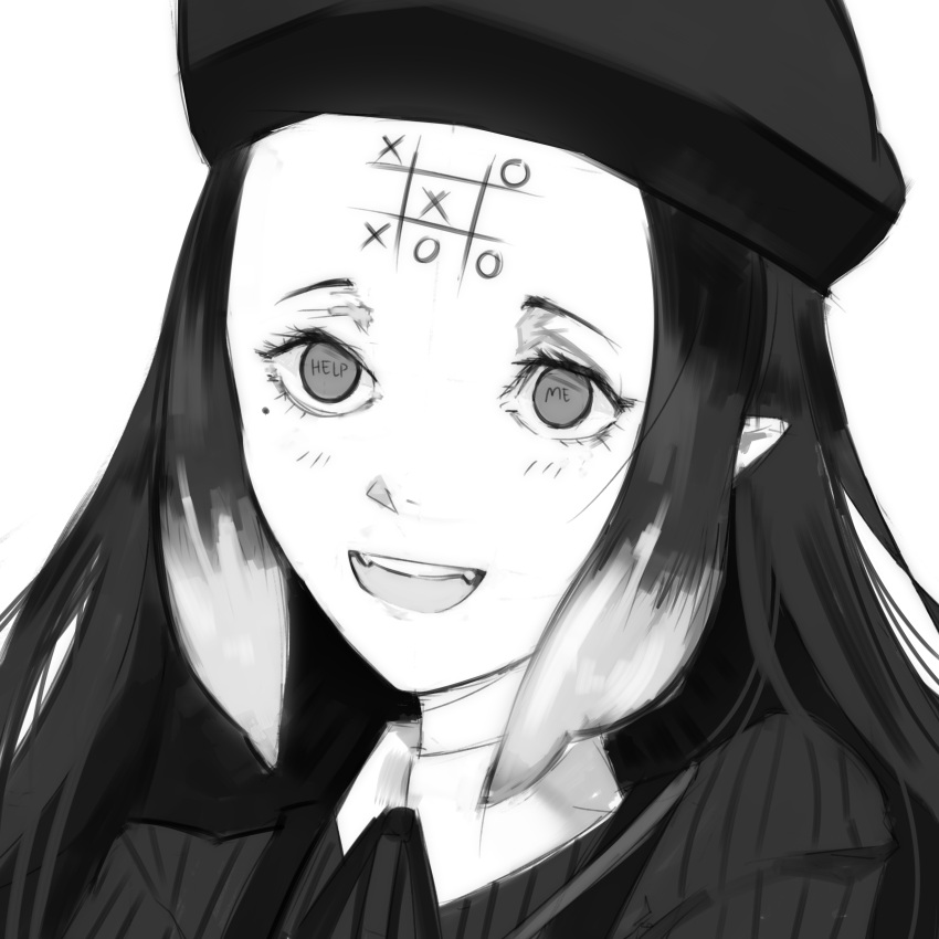 1girl absurdres beret collared_shirt english_commentary forehead greyscale hair_behind_ear hat highres hololive hololive_english jitome long_hair mole mole_under_eye monochrome ninomae_ina'nis official_alternate_costume open_mouth shirt solo tentacle_hair text_in_eyes tic-tac-toe upper_body virtual_youtuber white_background xyanaid