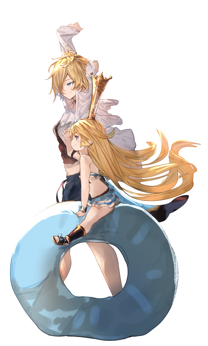 2girls absurdres arm_behind_head arm_up bangs bikini black_footwear black_shirt blonde_hair blue_bikini blue_eyes blush breasts charlotta_fenia closed_mouth commentary_request cordelia_garnet eyebrows_visible_through_hair granblue_fantasy hair_between_eyes hair_over_one_eye harvin highres innertube jacket long_hair medium_breasts multiple_girls open_clothes open_jacket pointy_ears profile shirt simple_background sitting smile swimsuit tall_crown tota_(sizukurubiks) v-shaped_eyebrows very_long_hair white_background white_jacket