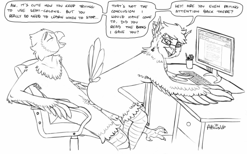 anthro atticus_volpone avian beak chair comic computer desk dialogue distracted duo english_text eyebrows eyes_closed eyewear female furniture glasses keyboard_(computer) looking_back looking_pleasured male monochrome on_bottom on_top raised_eyebrow reverse_cowgirl_position sex side_view sitting sketch speech_bubble text tongue tongue_out wings