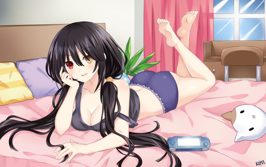 1girl ass barefoot black_hair breasts cleavage clock_eyes commentary commission crop_top date_a_live english_commentary game_console heterochromia highres indoors lewdkuma long_hair looking_at_viewer low_twintails lying medium_breasts no_pants on_bed on_stomach open_mouth panties pillow purple_panties red_eyes smile soles solo symbol-shaped_pupils tokisaki_kurumi twintails underwear yellow_eyes