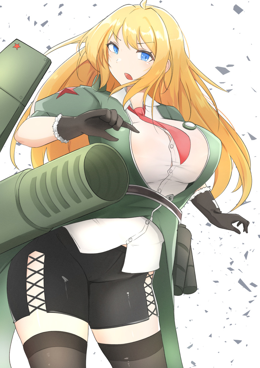 1girl absurdres black_pants blonde_hair blue_eyes blush breasts daebom gloves highres large_breasts pants personification shirt su-152 white_shirt