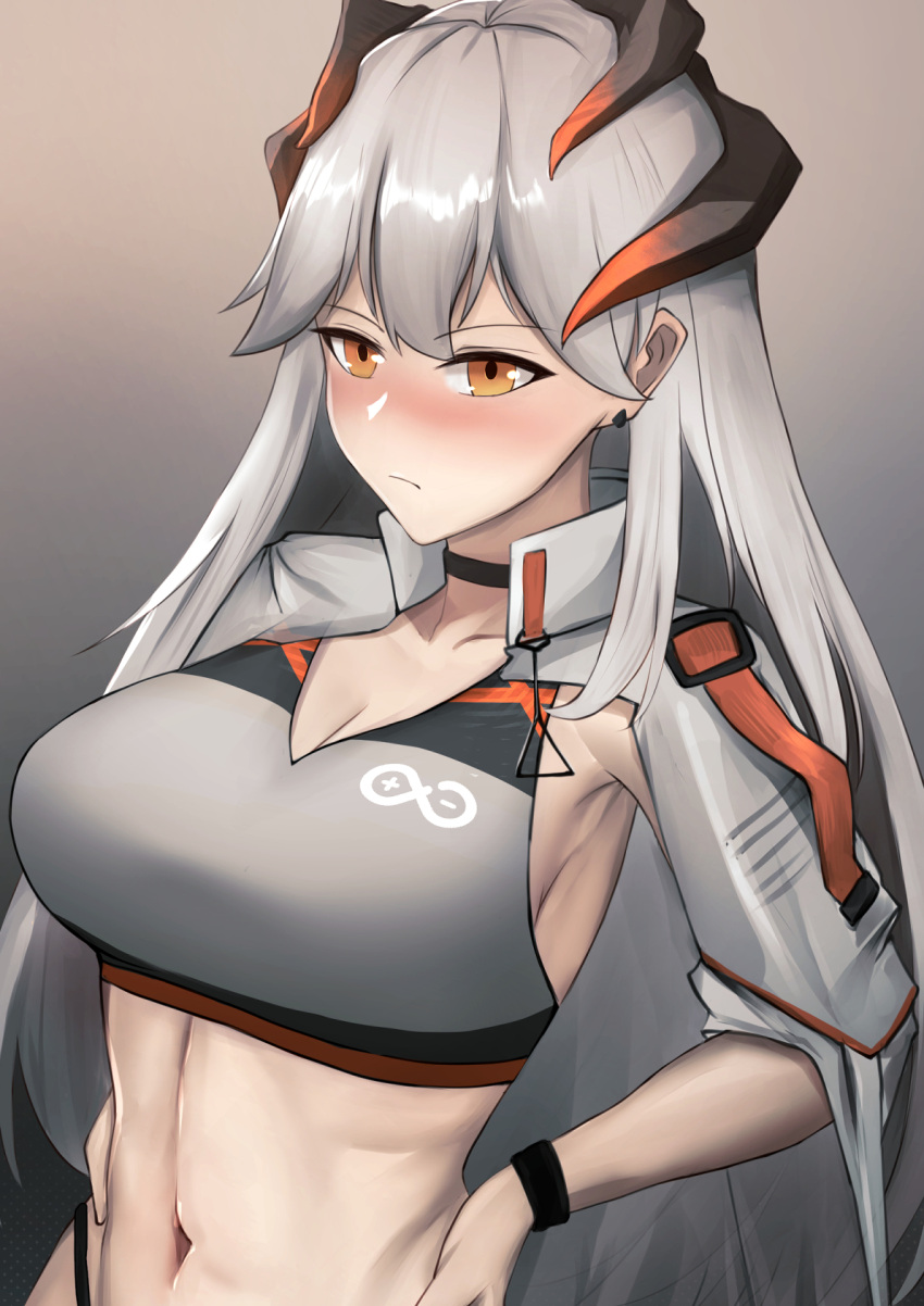 1girl arknights blush bra breasts close-up face highres horns krirk long_hair long_sleeves looking_at_viewer portrait saria saria_(arknights) simple_background solo sports_bra underwear upper_body